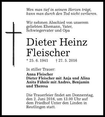 Anzeige von Dieter Heinz Fleischer von Reutlinger Generalanzeiger