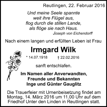 Anzeige von Irmgard Wilk von Reutlinger Generalanzeiger