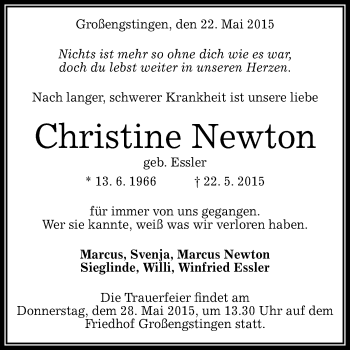 Anzeige von Christine Newton von Reutlinger Generalanzeiger