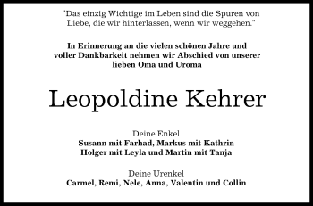 Anzeige von Leopoldine Kehrer von Reutlinger Generalanzeiger