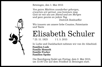 Anzeige von Elisabeth Schuler von Reutlinger Generalanzeiger