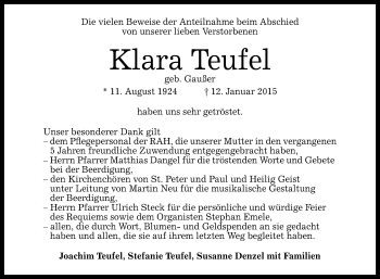 Anzeige von Klara Teufel von Reutlinger Generalanzeiger