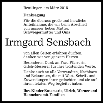 Anzeige von Irmgard Sensbach von Reutlinger Generalanzeiger