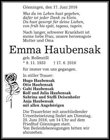 Anzeige von Emma Haubensak von Reutlinger Generalanzeiger