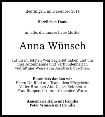Anzeige von Anna Wünsch von Reutlinger Generalanzeiger