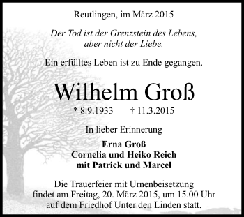 Anzeige von Wilhelm Groß von Reutlinger Generalanzeiger
