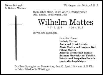 Anzeige von Wilhelm Mattes von Reutlinger Generalanzeiger