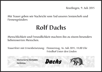Anzeige von Rolf Dachs von Reutlinger Generalanzeiger