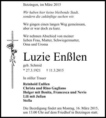 Anzeige von Luzie Enßlen von Reutlinger Generalanzeiger