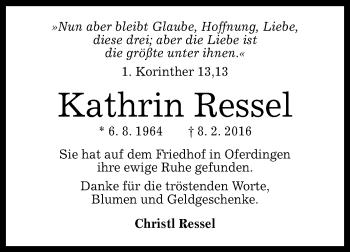 Anzeige von Kathrin Ressel von Reutlinger Generalanzeiger