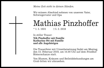 Anzeige von Mathias Pinzhoffer von Reutlinger Generalanzeiger