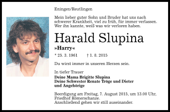 Anzeige von Harald Slupina von Reutlinger Generalanzeiger