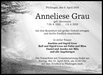 Anzeige von Anneliese Grau von Reutlinger Generalanzeiger