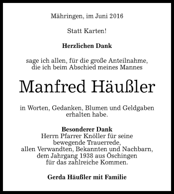 Anzeige von Manfred Häußler von Reutlinger Generalanzeiger