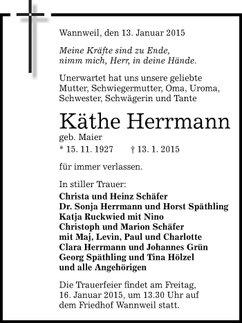 Anzeige von Käthe Herrmann von Reutlinger Generalanzeiger