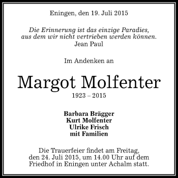 Anzeige von Margot Molfenter von Reutlinger Generalanzeiger