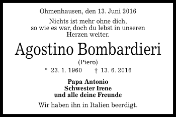 Anzeige von Agostino Bombardieri von Reutlinger Generalanzeiger