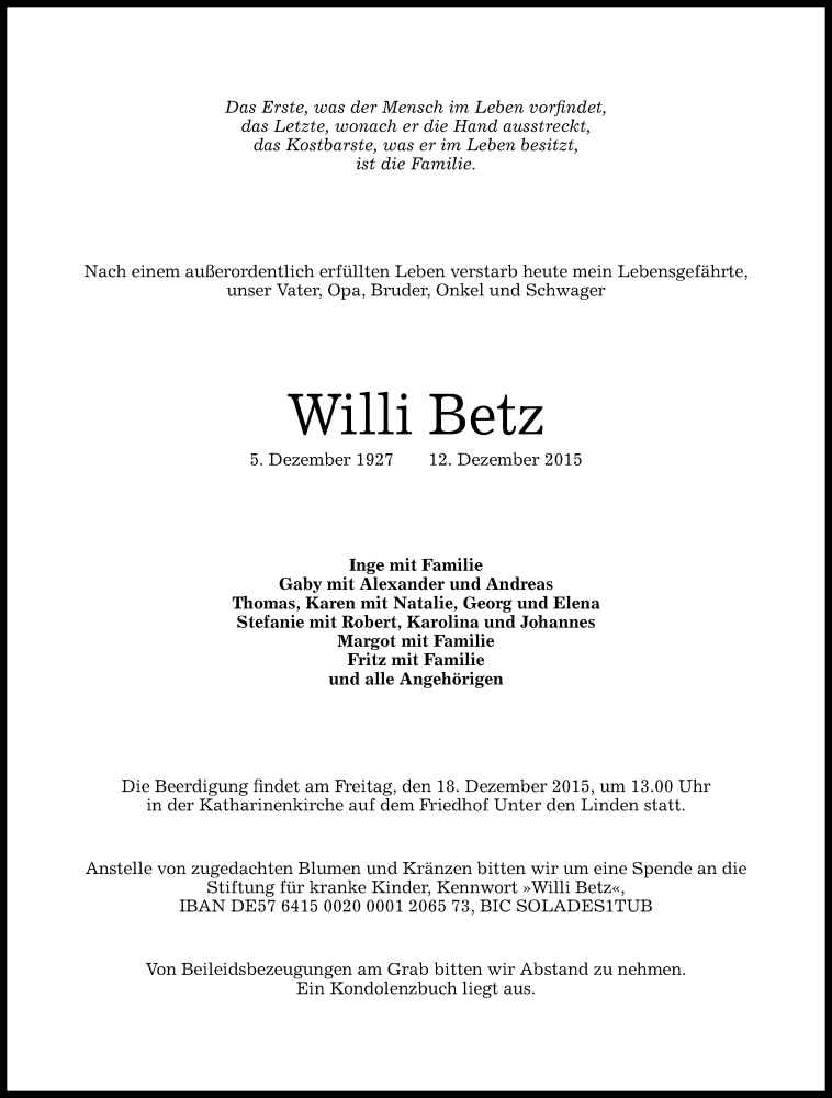  Traueranzeige für Willi Betz vom 15.12.2015 aus Reutlinger Generalanzeiger
