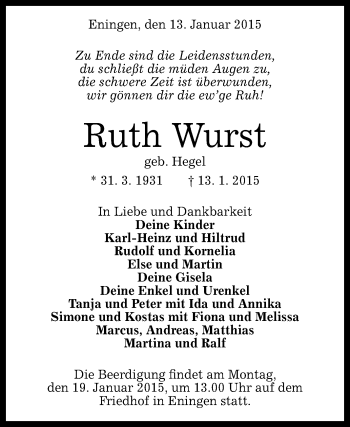 Anzeige von Ruth Wurst von Reutlinger Generalanzeiger