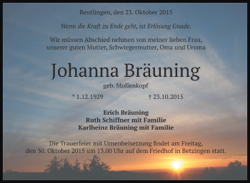 Anzeige von Johanna Bräuning von Reutlinger Generalanzeiger