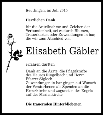 Traueranzeigen von Elisabeth Gäbler | trauer.gea.de