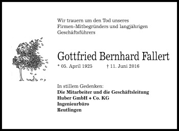 Anzeige von Gottfried Bernhard Fallert von Reutlinger Generalanzeiger