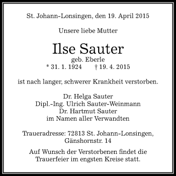 Anzeige von Ilse Sauter von Reutlinger Generalanzeiger