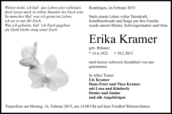 Anzeige von Erika Kramer von Reutlinger Generalanzeiger