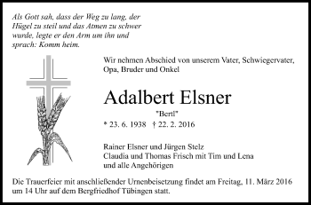 Anzeige von Adalbert Elsner von Reutlinger Generalanzeiger