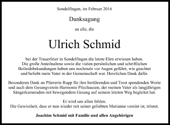 Anzeige von Ulrich Schmid von Reutlinger Generalanzeiger
