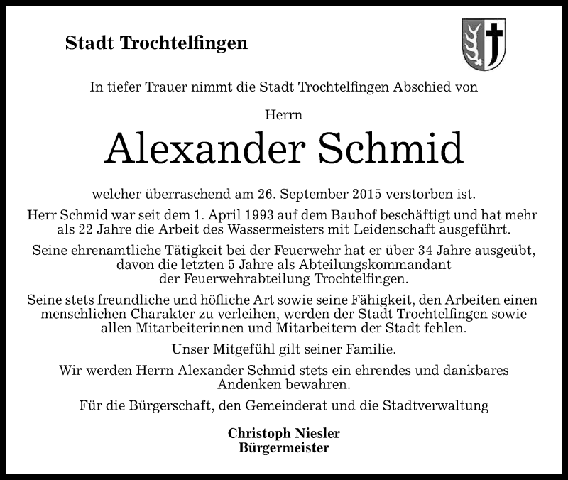  Traueranzeige für Alexander Schmid vom 29.09.2015 aus Reutlinger Generalanzeiger