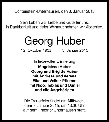 Anzeige von Georg Huber von Reutlinger Generalanzeiger