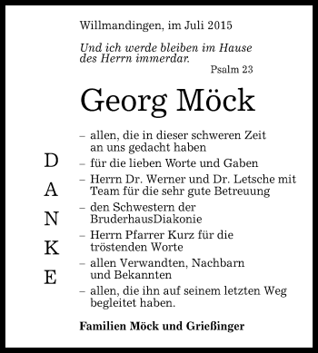 Anzeige von Georg Möck von Reutlinger Generalanzeiger