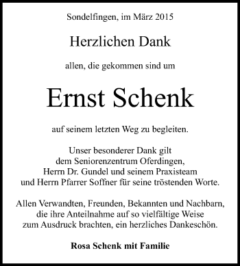 Anzeige von Ernst Schenk von Reutlinger Generalanzeiger