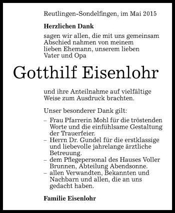 Anzeige von Gotthilf Eisenlohr von Reutlinger Generalanzeiger