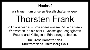 Anzeige von Thorsten Frank von Reutlinger Generalanzeiger