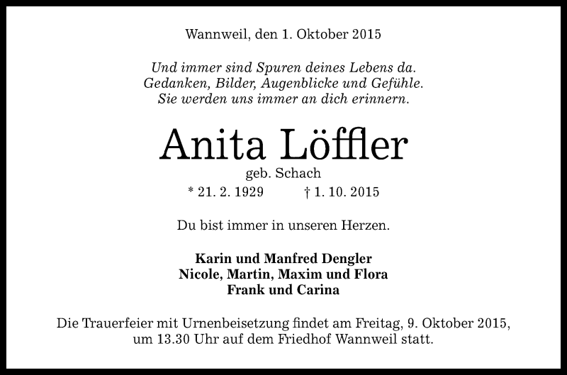  Traueranzeige für Anita Löffler vom 05.10.2015 aus Reutlinger Generalanzeiger
