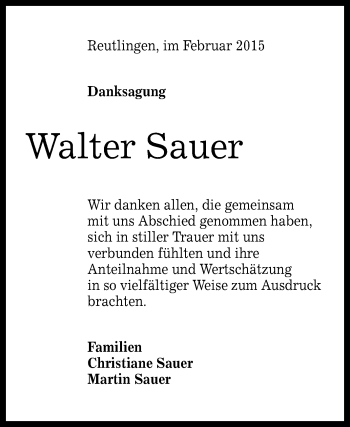 Anzeige von Walter Sauer von Reutlinger Generalanzeiger