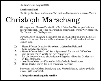 Anzeige von Christoph Marschang von Reutlinger Generalanzeiger