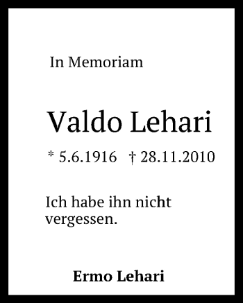 Anzeige von Valdo Lehari von Reutlinger Generalanzeiger