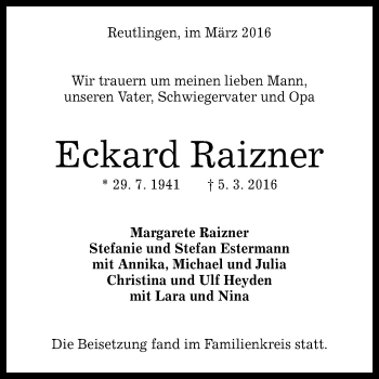 Anzeige von Eckard Raizner von Reutlinger Generalanzeiger