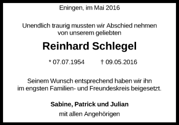 Anzeige von Reinhard Schlegel von Reutlinger Generalanzeiger