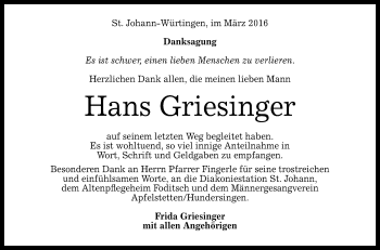Anzeige von Hans Griesinger von Reutlinger Generalanzeiger