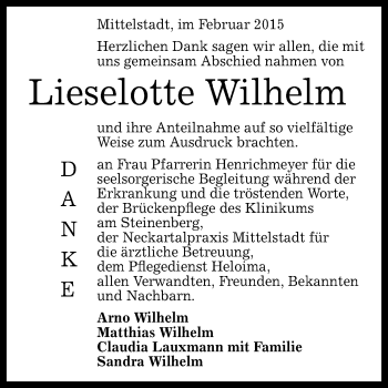 Anzeige von Lieselotte Wilhelm von Reutlinger Generalanzeiger