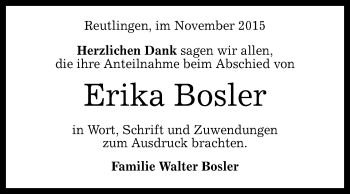 Anzeige von Erika Bosler von Reutlinger Generalanzeiger