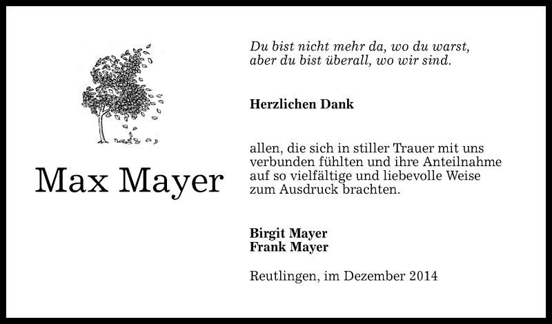  Traueranzeige für Max Mayer vom 20.12.2014 aus Reutlinger Generalanzeiger