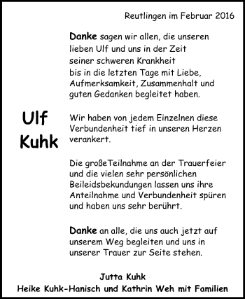 Anzeige von Ulf Kuhk von Reutlinger Generalanzeiger
