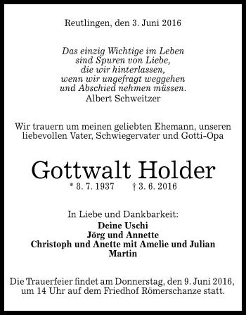 Anzeige von Gottwalt Holder von Reutlinger Generalanzeiger