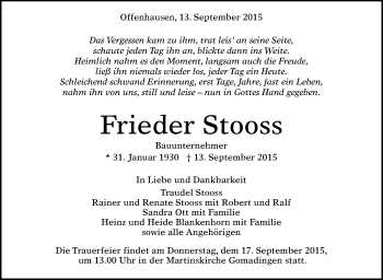 Anzeige von Frieder Stooss von Reutlinger Generalanzeiger