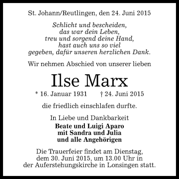 Anzeige von Ilse Marx von Reutlinger Generalanzeiger